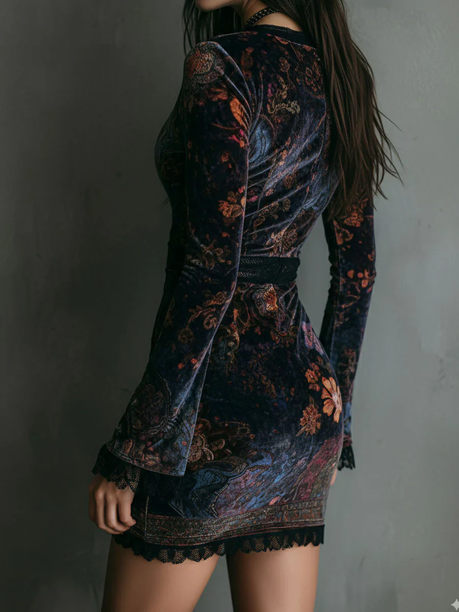 Liora | Mini vestido floral de terciopelo con encaje